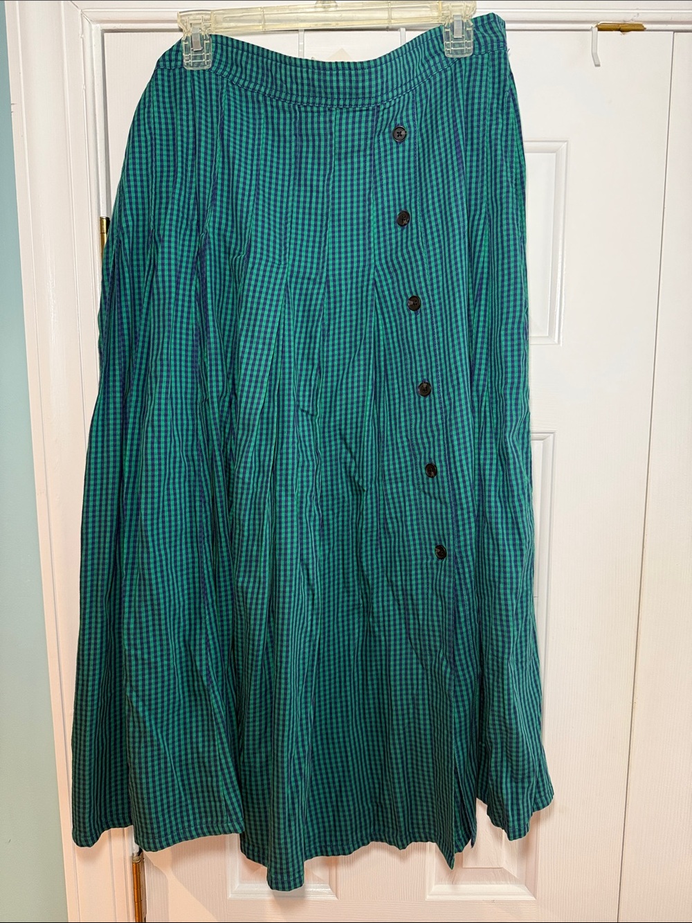 Parsley Green Gingham Button-Front Pleated Maxi Skirt